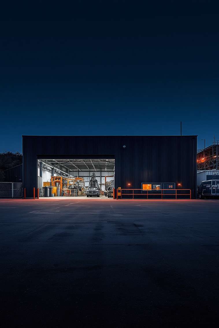 Industrial workshop at night, illustrative image